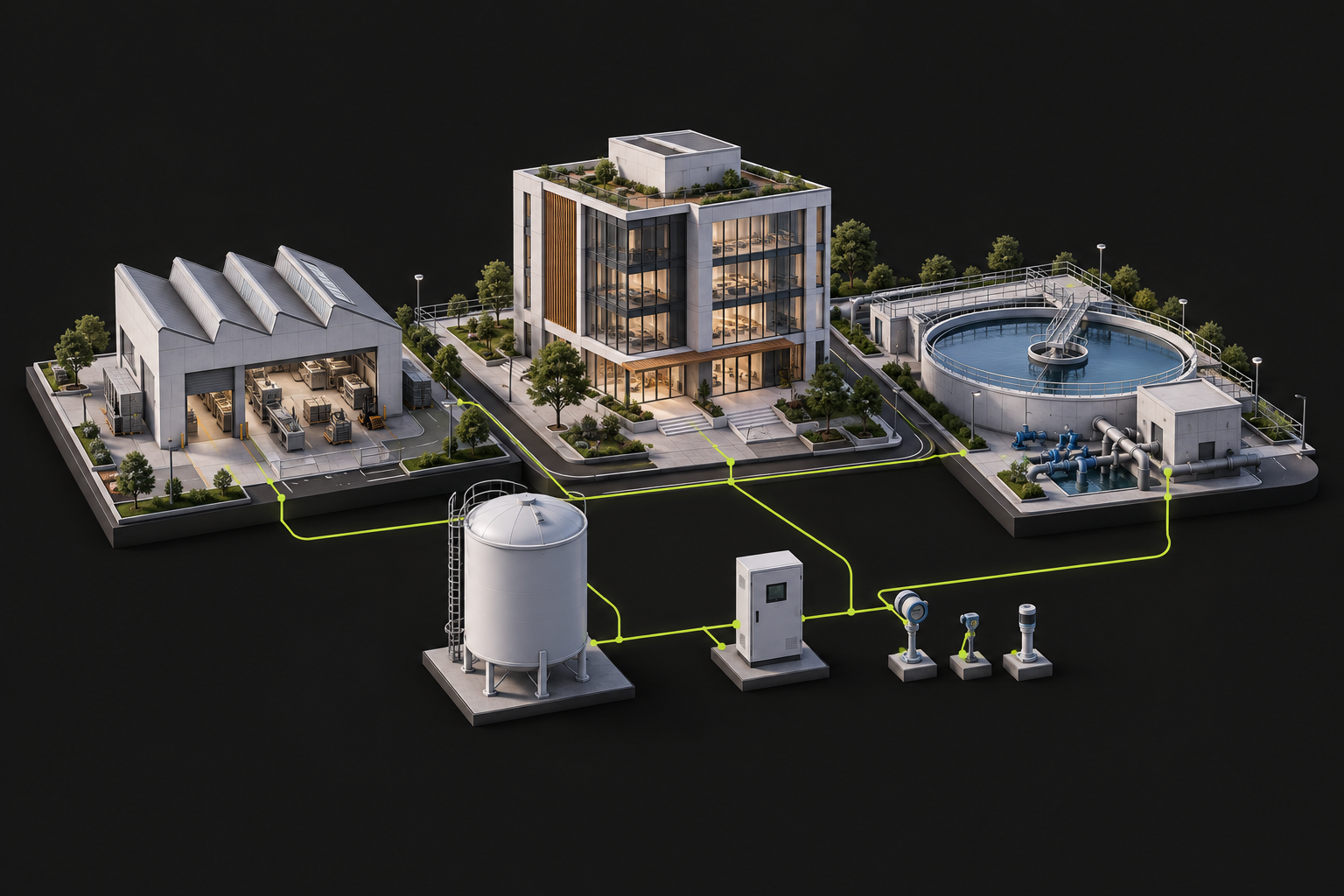 Ilustração conceitual de indústria, edifício comercial e saneamento conectados por tecnologia AS3